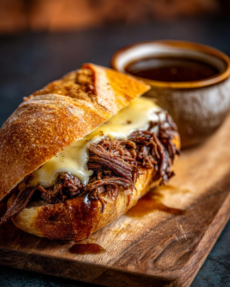 A close-up of a Crockpot French Dip Sandwich on a wooden board, with melted cheese and a side of au jus.