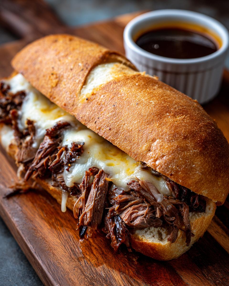 A delicious Crockpot French Dip Sandwich overflowing with shredded beef and melted cheese, served with a side of au jus.