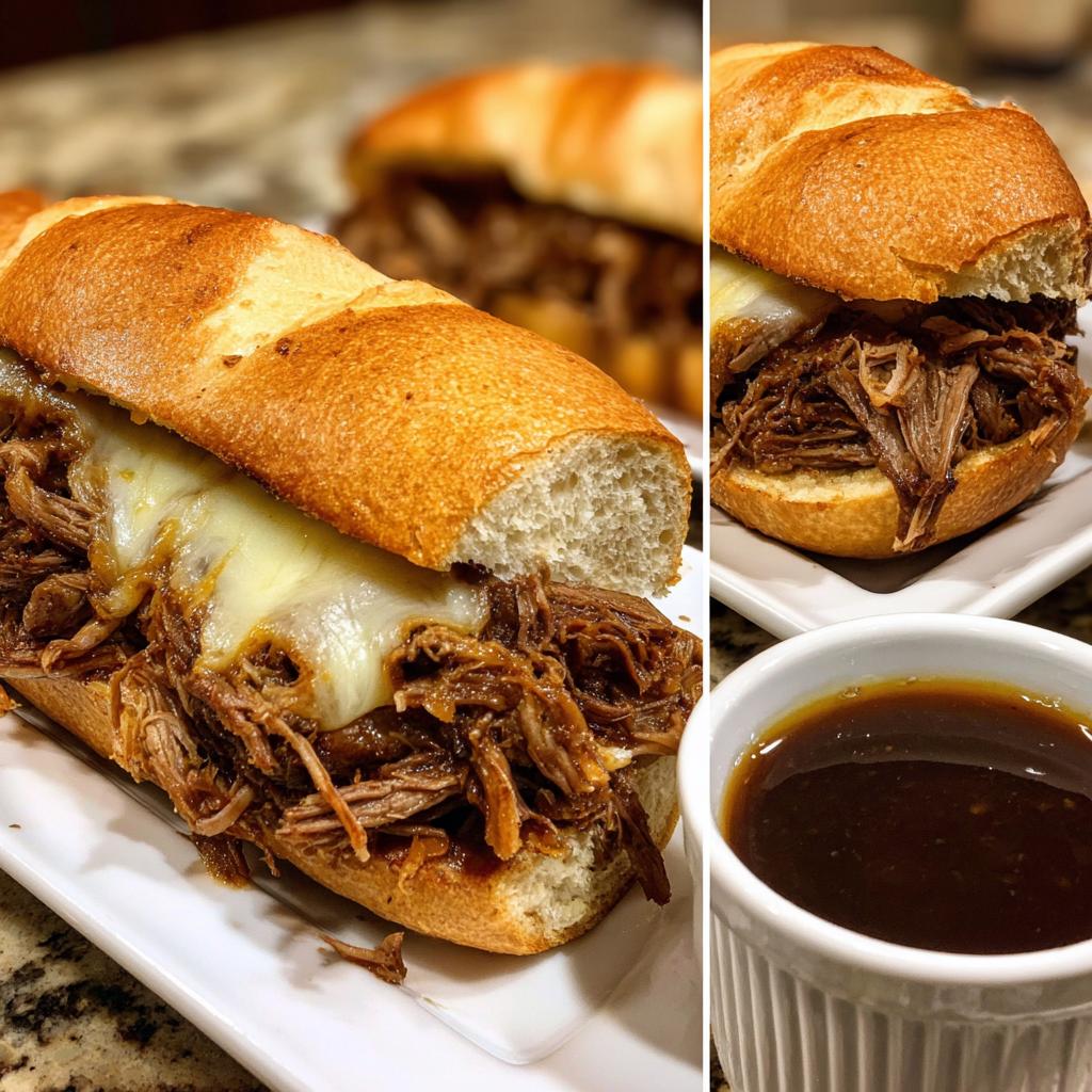 Close-up of a delicious Crockpot French Dip Sandwich overflowing with shredded beef and melted cheese, with a side of au jus.