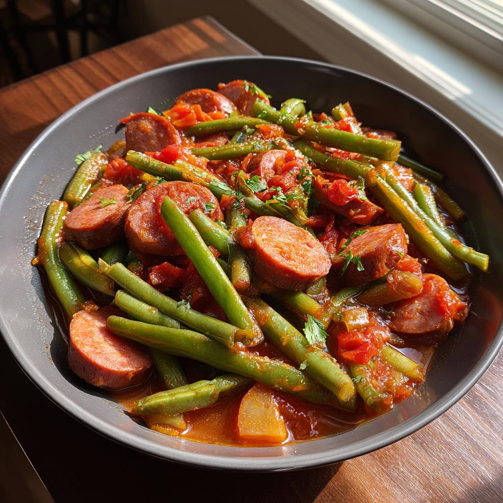 A close-up of a bowl filled with Crockpot Kielbasa and Green Beans, garnished with parsley.