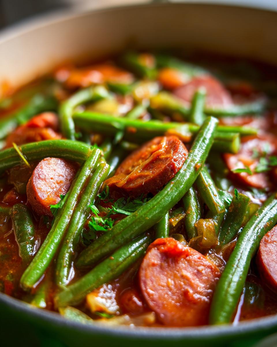 A close-up shot of Crockpot Kielbasa and Green Beans in a rich sauce, garnished with parsley.