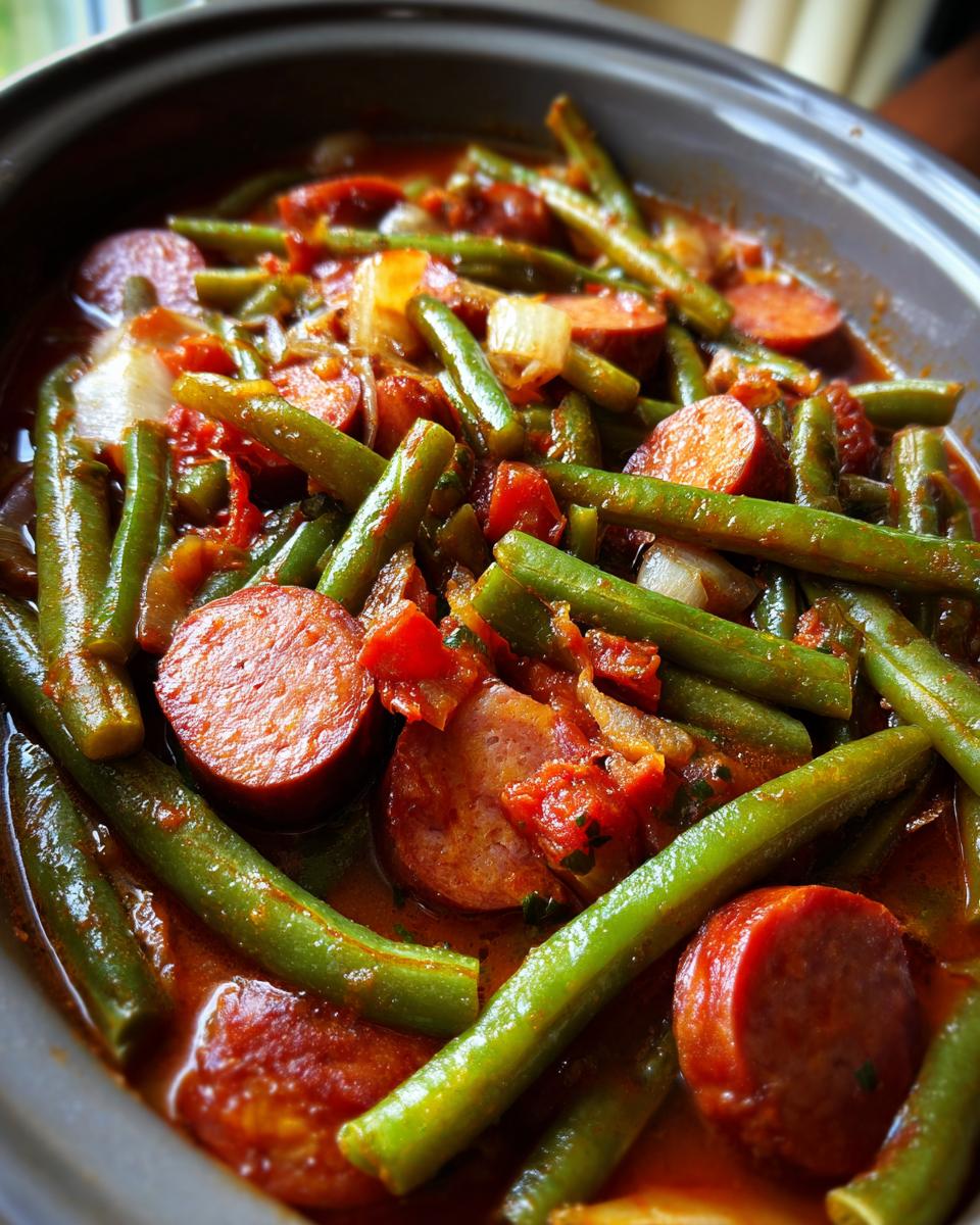 A close-up view of Crockpot Kielbasa and Green Beans cooked in a savory tomato sauce within a crockpot.