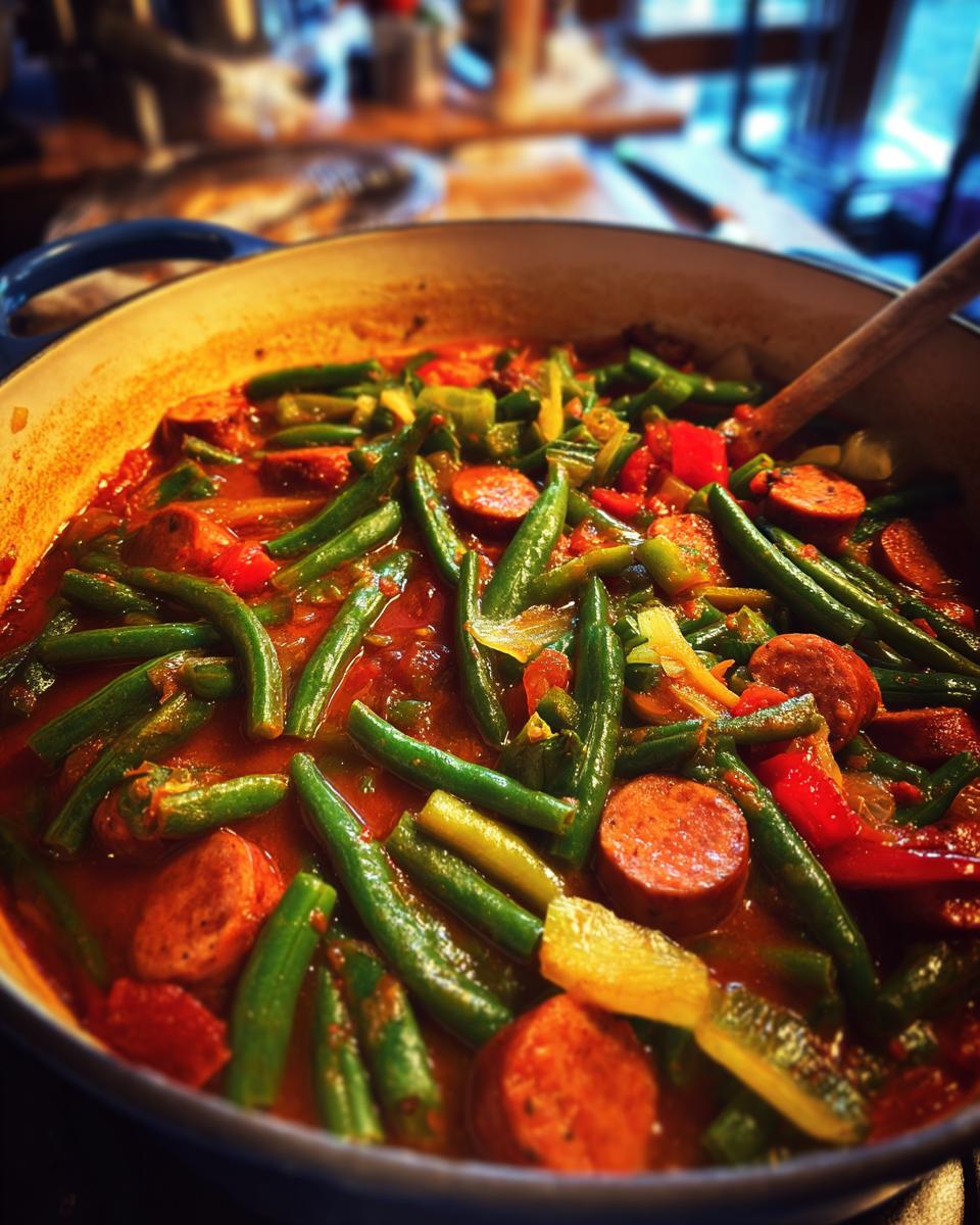 A close-up overhead view of Crockpot Kielbasa and Green Beans simmering in a blue pot with a wooden spoon.