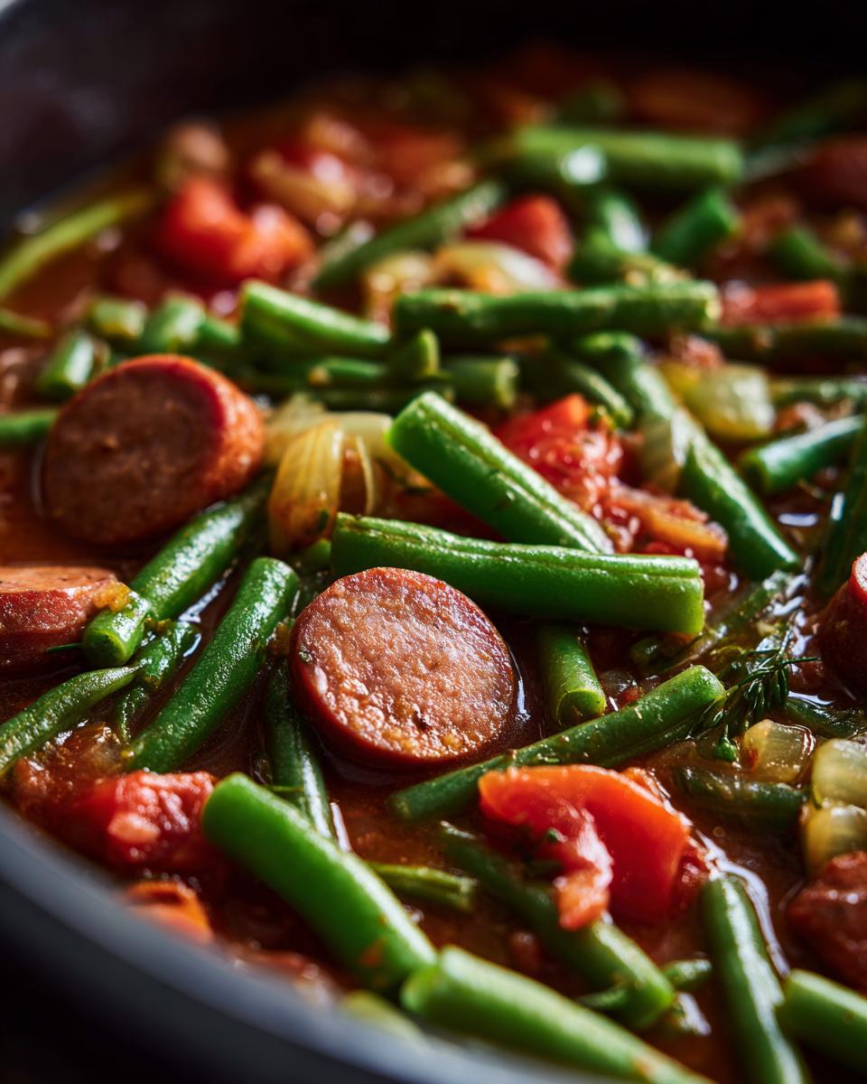 Close-up of Crockpot Kielbasa and Green Beans simmering in a tomato-based sauce with onions.