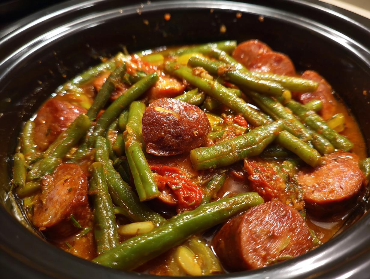 Close-up of Crockpot Kielbasa and Green Beans simmering in a slow cooker with a rich tomato-based sauce.