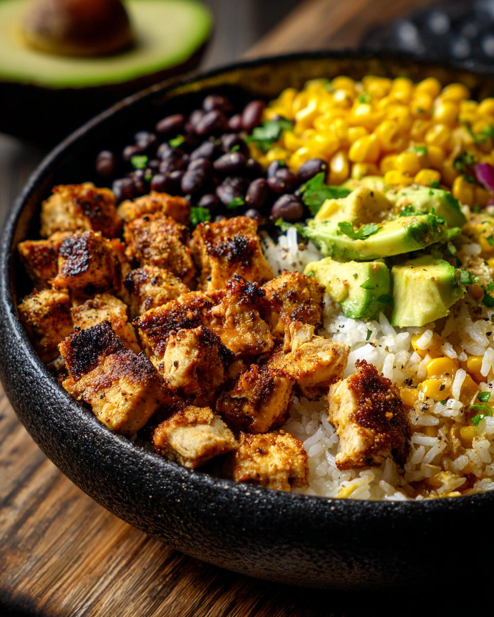 Close-up of an Easy Street Corn Chicken Bowl with seasoned chicken, rice, black beans, corn, and avocado.