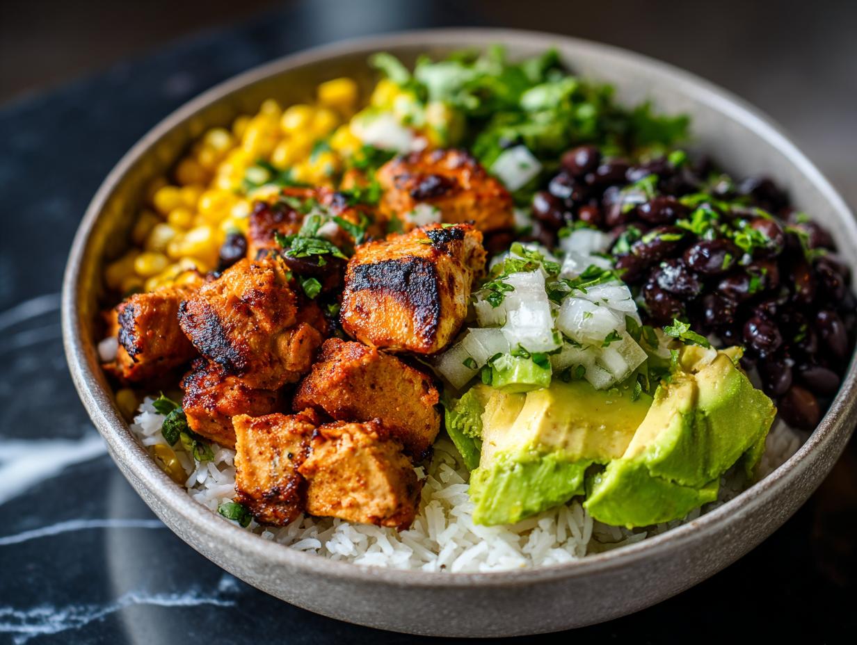 A delicious Easy Street Corn Chicken Bowl filled with rice, grilled chicken, corn, black beans, avocado, and cilantro.