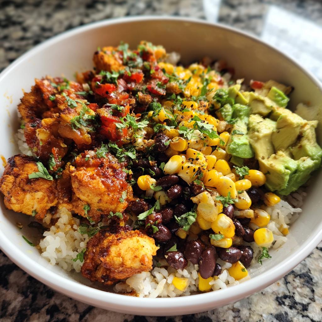 A vibrant Easy Street Corn Chicken Bowl filled with rice, seasoned chicken, black beans, corn, avocado, and cilantro.