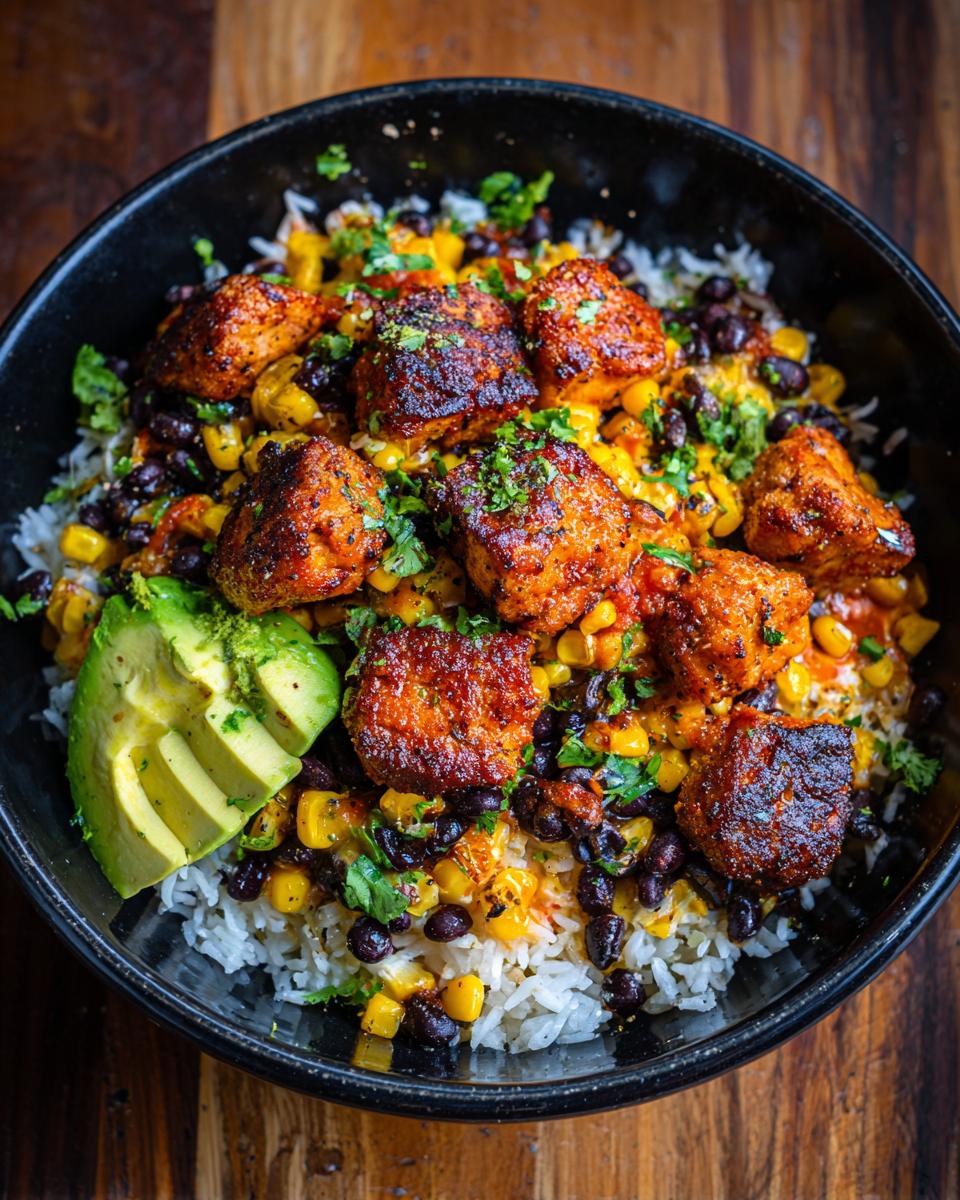 A close-up of an Easy Street Corn Chicken Bowl featuring seasoned chicken, rice, black beans, corn, and avocado slices.