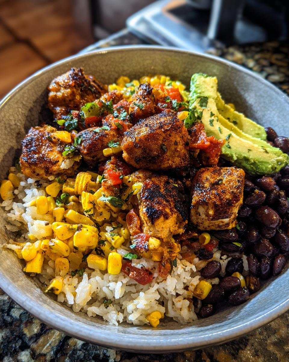 A close-up of an Easy Street Corn Chicken Bowl featuring seasoned chicken, rice, corn, black beans, and avocado slices.