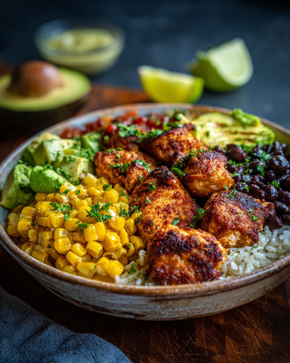 A vibrant Easy Street Corn Chicken Bowl filled with seasoned chicken, rice, corn, black beans, and avocado.