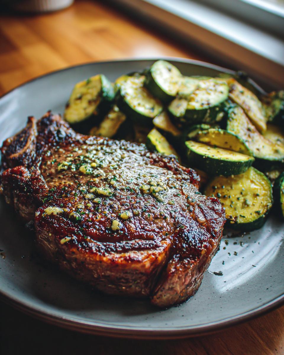 A juicy garlic butter steak served with pan-fried zucchini slices, showcasing the Effortless Garlic Butter Steak & Zucchini Delight.