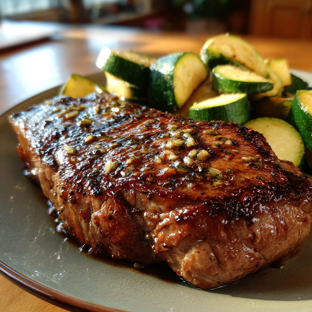 A juicy steak glazed with garlic butter sauce, served with sliced zucchini.