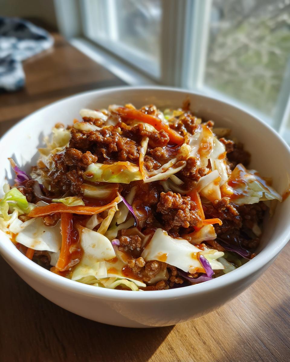 A close-up of a white bowl filled with Egg Roll in a Bowl, featuring ground meat, cabbage, and carrots with a savory sauce.
