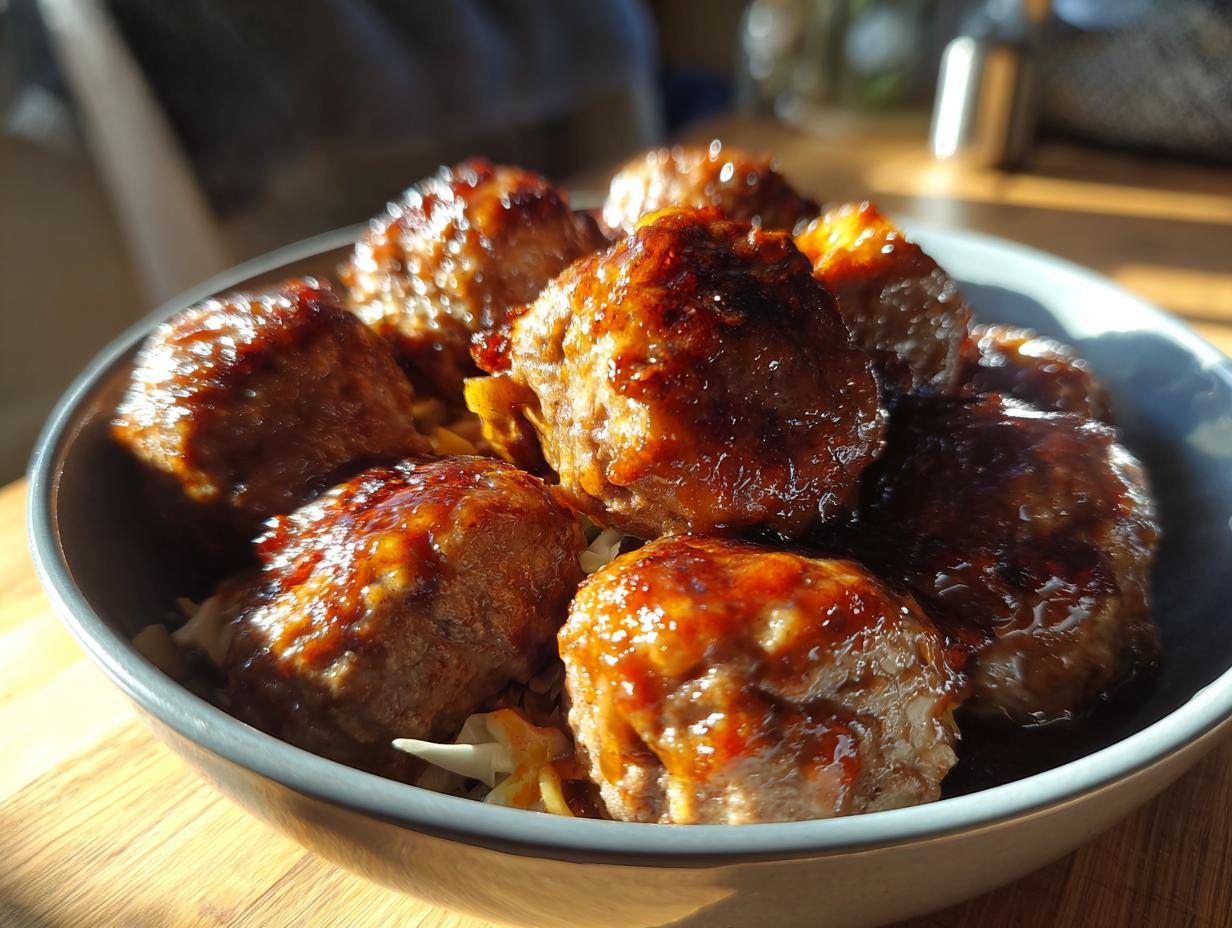 Close-up of glazed meatballs served over shredded cabbage in a bowl, a delicious Egg Roll in a Bowl.