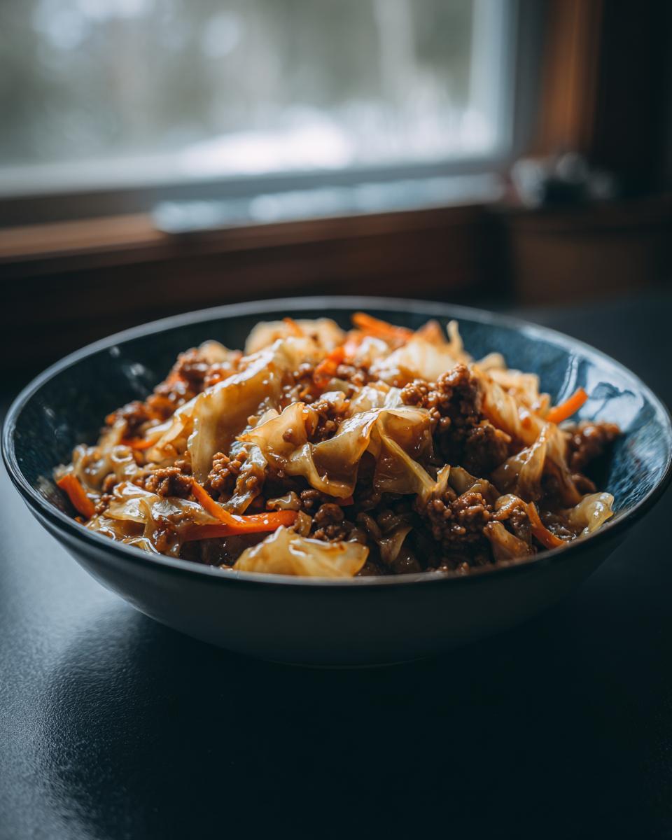 A close-up of a bowl filled with Egg Roll in a Bowl, featuring ground meat, cabbage, and carrots.