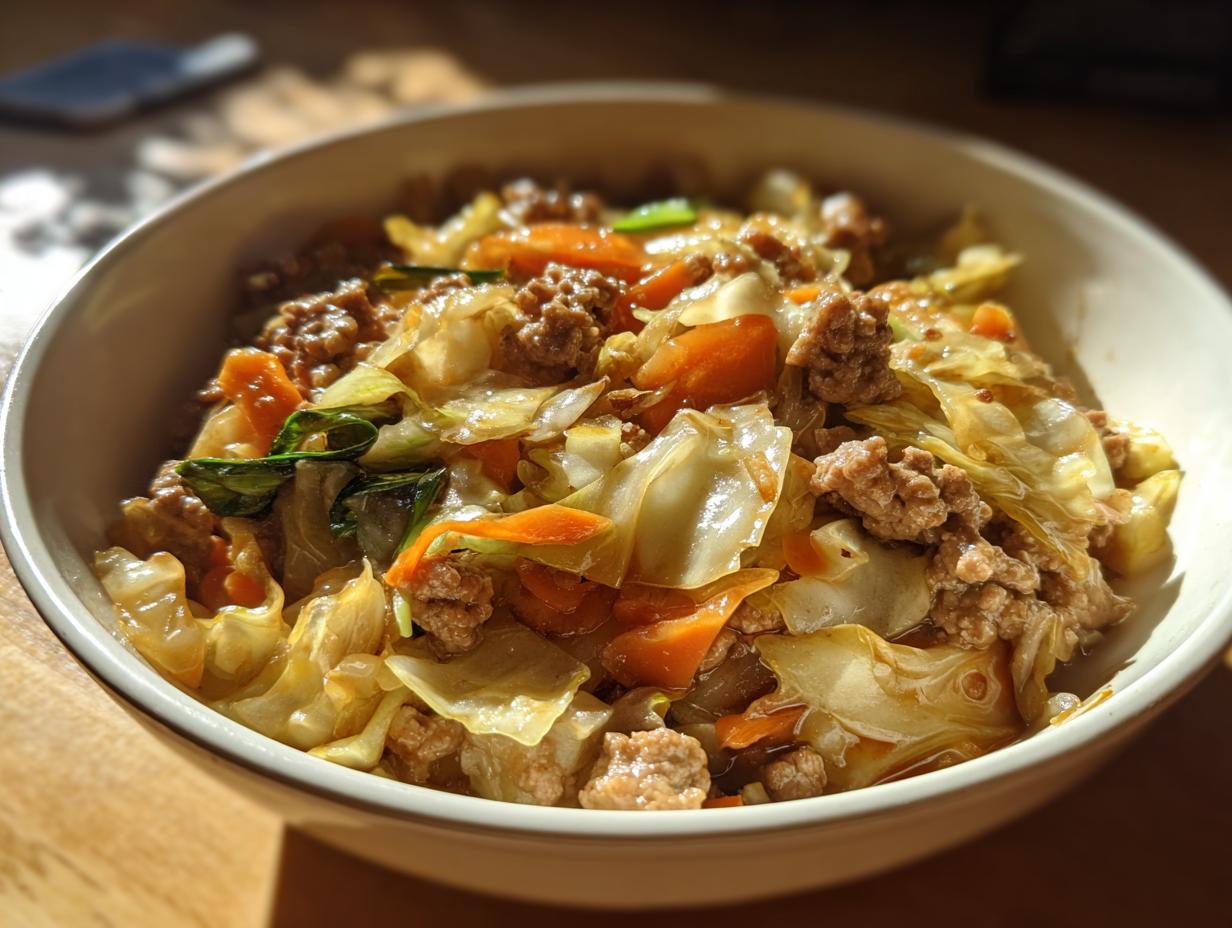 A close-up of a bowl filled with delicious Egg Roll in a Bowl, featuring ground meat, cabbage, and carrots.