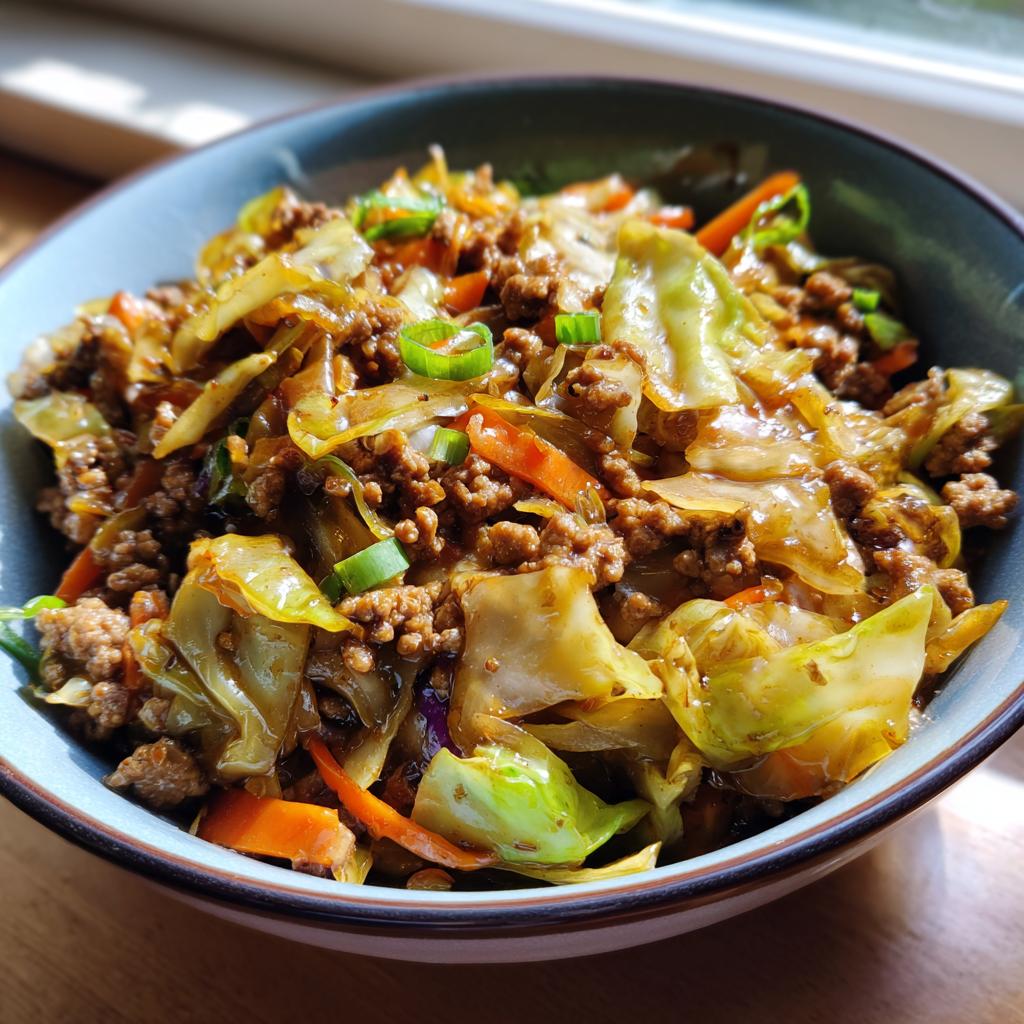 A close-up of a bowl filled with a savory Egg Roll in a Bowl, featuring ground meat, cabbage, carrots, and green onions.