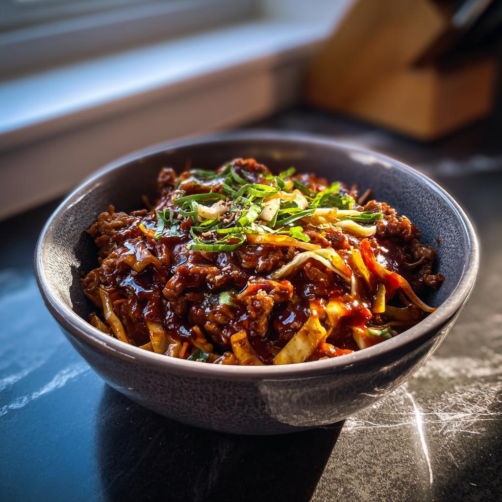 A close-up of a bowl filled with Egg Roll in a Bowl, featuring ground meat, shredded cabbage, and a glossy sauce, topped with green onions.