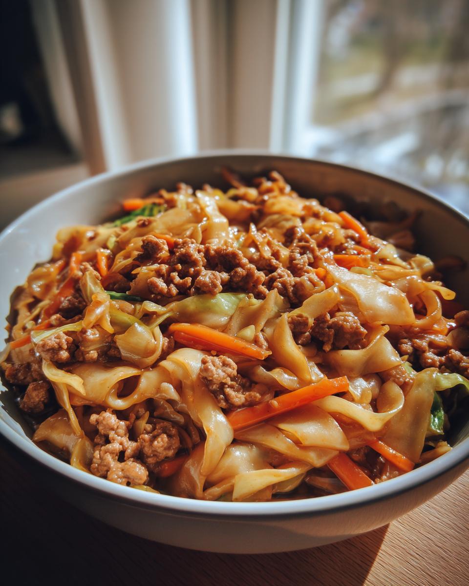A close-up view of a bowl filled with Egg Roll in a Bowl, featuring noodles, ground meat, cabbage, and carrots.