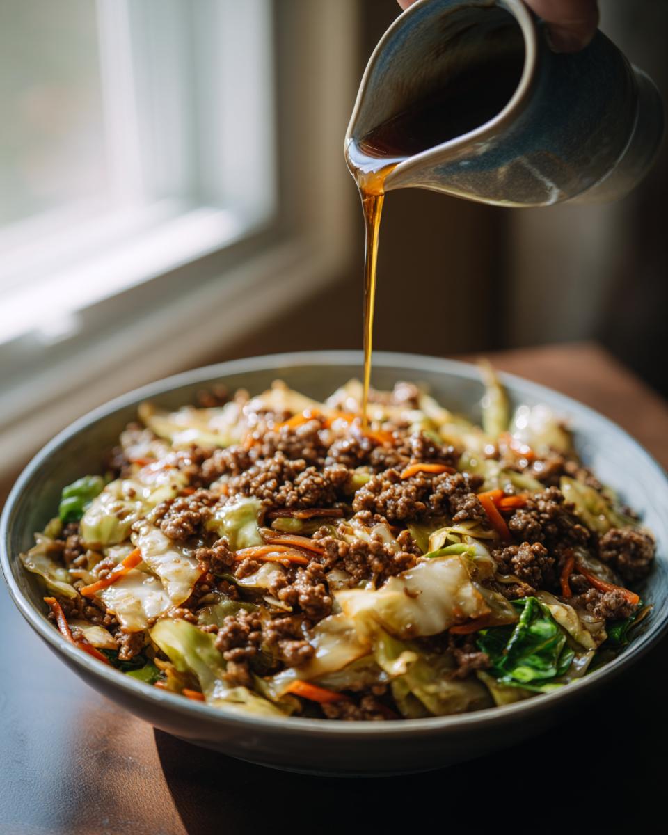 A bowl of Egg Roll in a Bowl, featuring ground meat, cabbage, and carrots, with a sauce being poured over it.