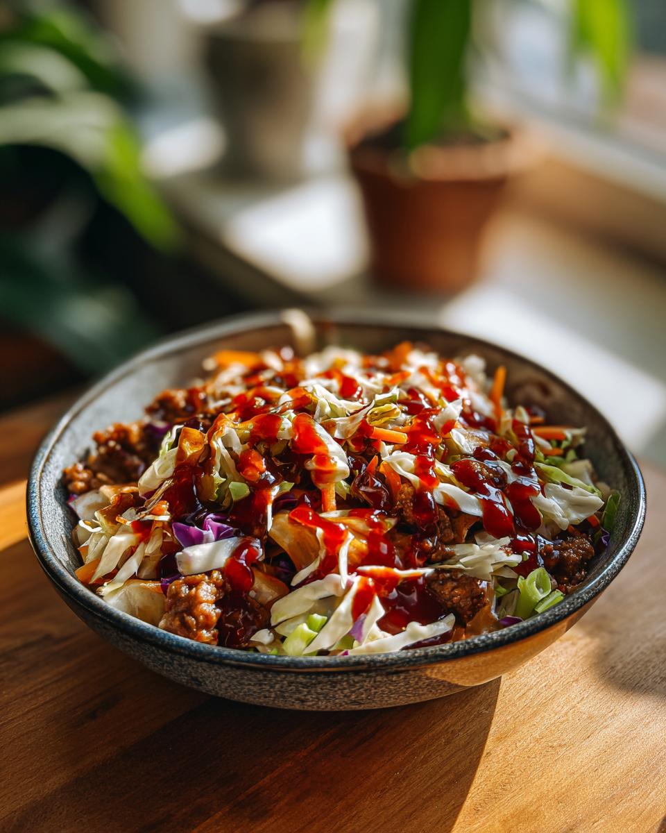 A close-up of a bowl filled with Egg Roll in a Bowl, topped with a savory sauce.