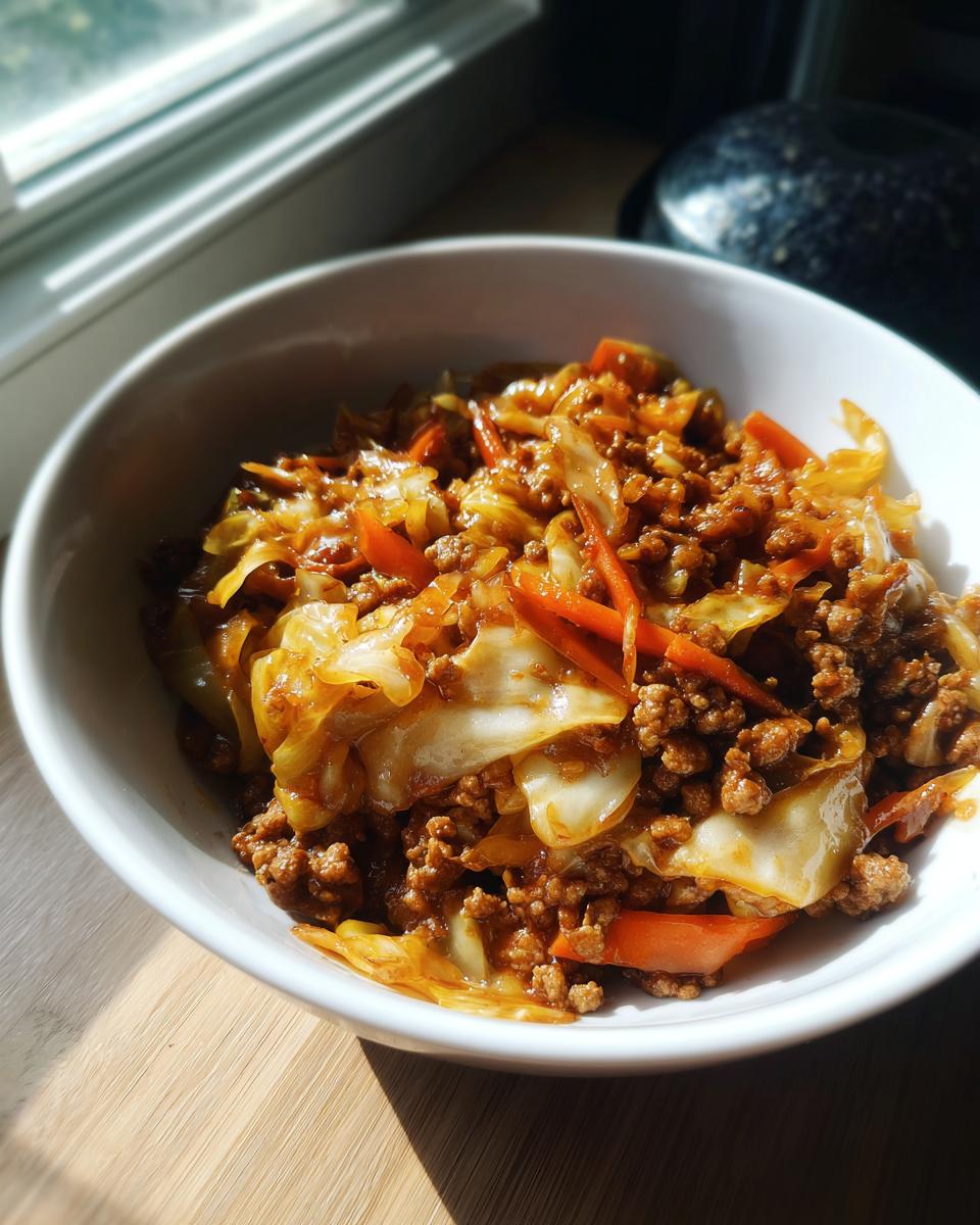A close-up of a white bowl filled with Egg Roll in a Bowl, featuring ground meat, cabbage, and carrots.