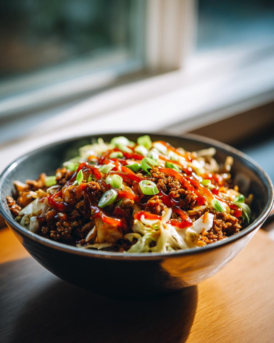 A close-up of a bowl filled with Egg Roll in a Bowl, topped with sauce and green onions.