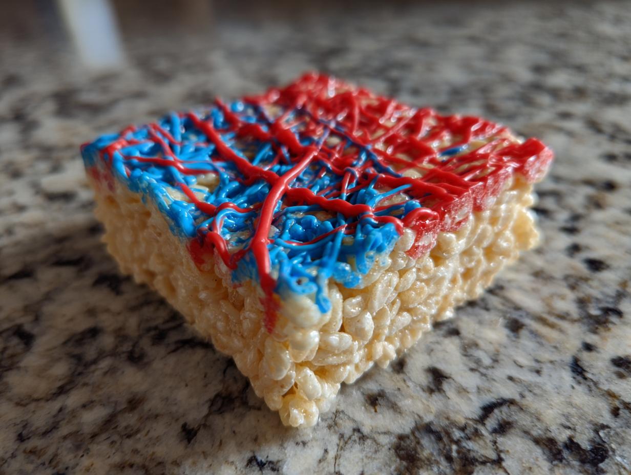 A single Firecracker Rice Krispie Treat decorated with red and blue icing, perfect for Fourth of July Desserts.