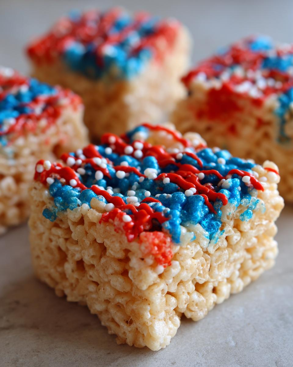 Close-up of a festive Firecracker Rice Krispie Treat decorated with red, white, and blue icing and sprinkles.