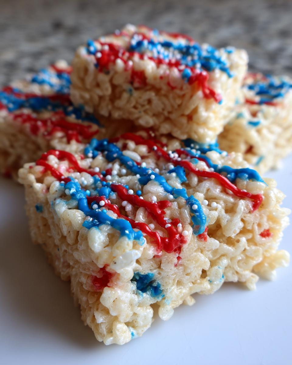 Close-up of Firecracker Rice Krispie Treats decorated with red and blue icing and sprinkles for Fourth of July.