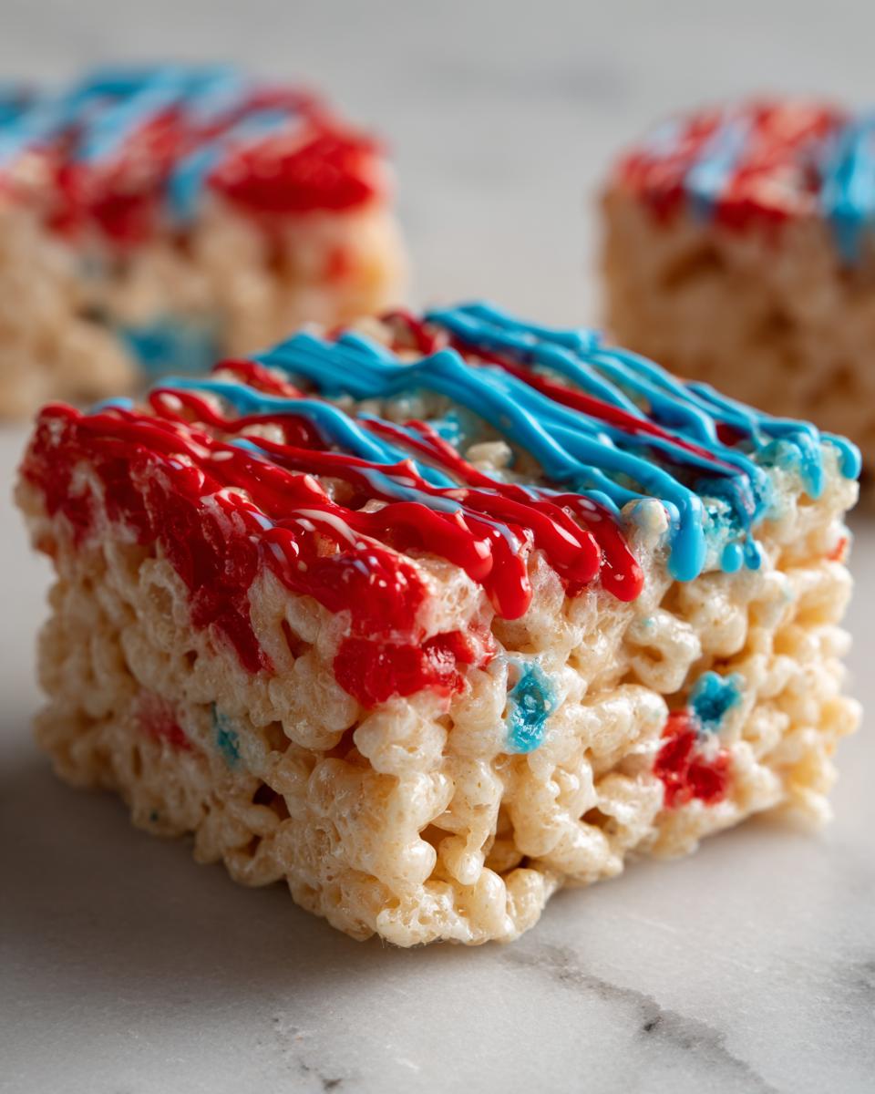 Close-up of a festive Firecracker Rice Krispie Treat decorated with red and blue icing, perfect for Fourth of July desserts.