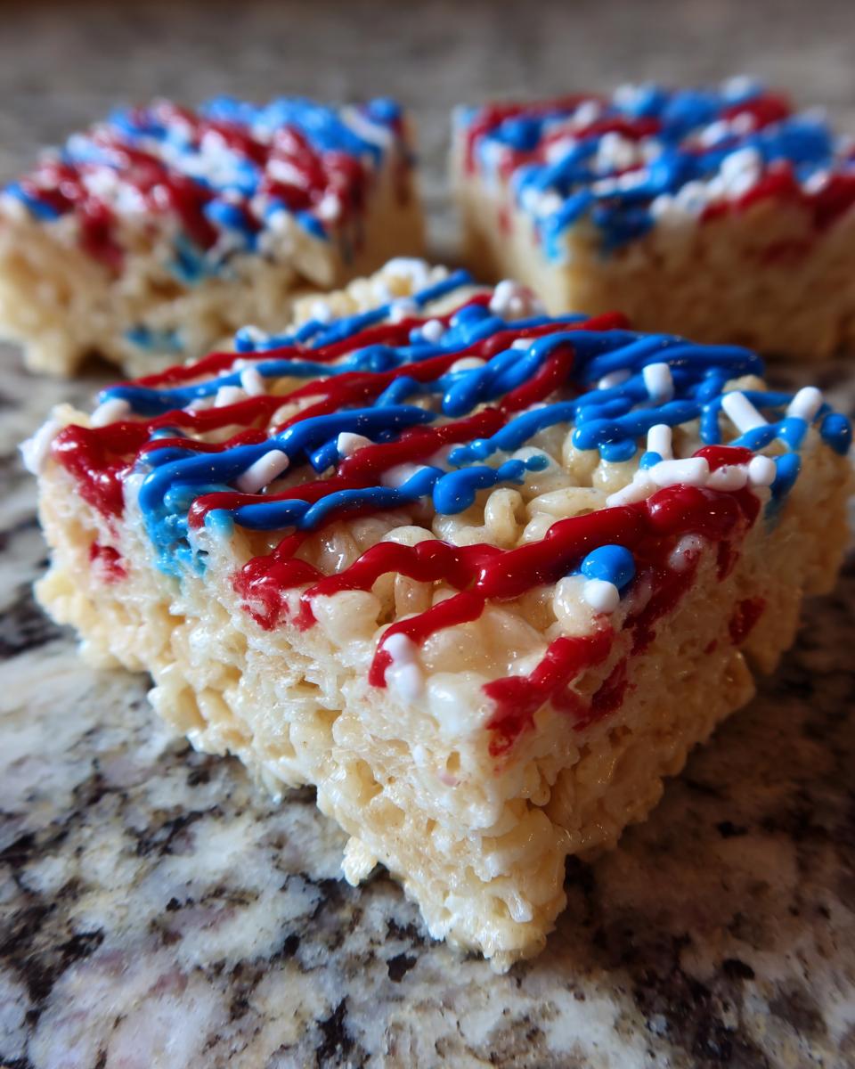 Close-up of a square Firecracker Rice Krispie Treat decorated with red, white, and blue icing and sprinkles for Fourth of July Desserts.