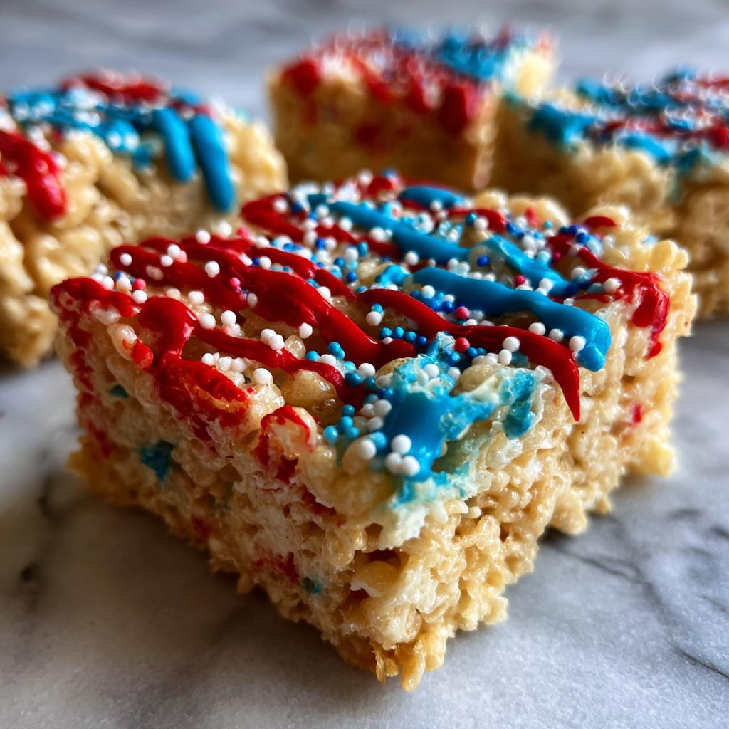 Close-up of a Fourth of July dessert: Firecracker Rice Krispie Treats decorated with red and blue icing and sprinkles.