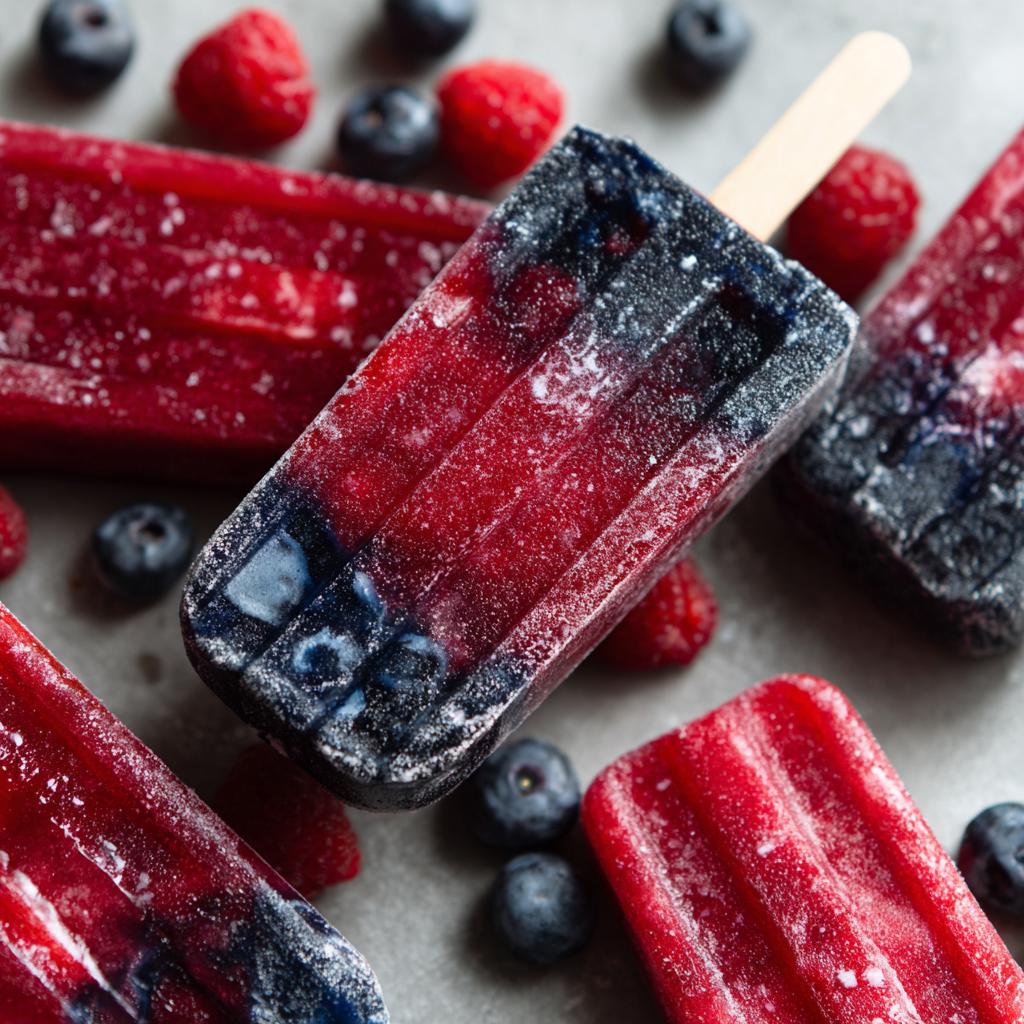 Close-up of red, white, and blue berry popsicles, perfect for Fourth of July desserts, surrounded by fresh blueberries and raspberries.