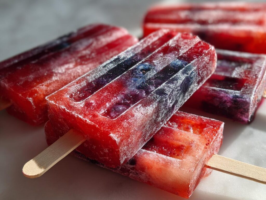 Close-up of vibrant red and purple berry popsicles with visible fruit pieces, perfect for Fourth of July desserts.