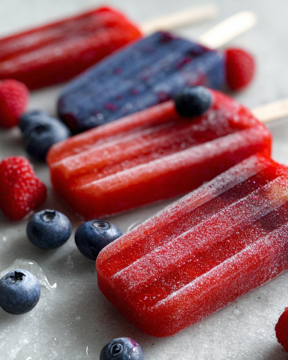 Close-up of red and blue berry popsicles with fresh blueberries and raspberries scattered around, perfect for Fourth of July desserts.