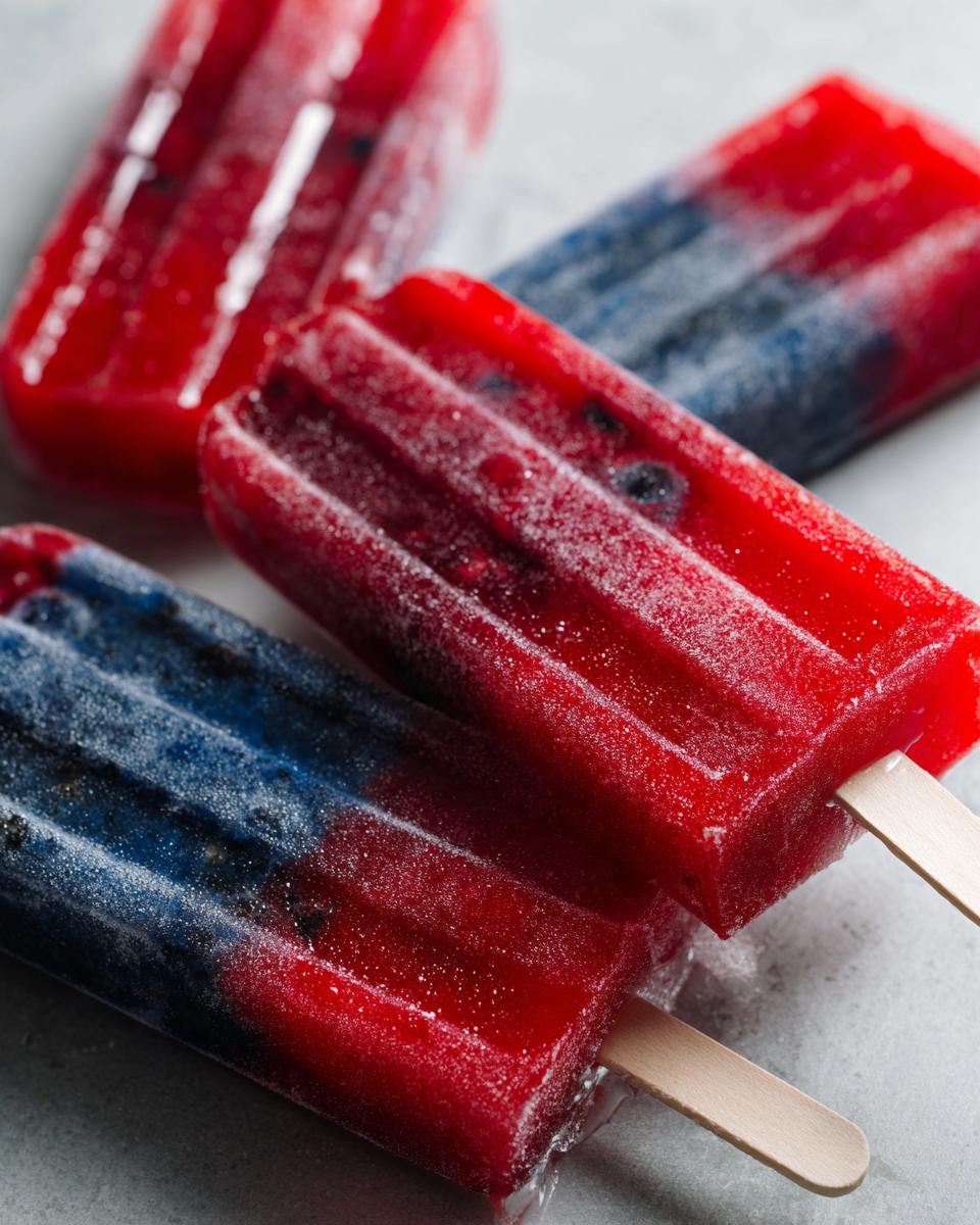 Close-up of red and blue berry popsicles, perfect for Fourth of July desserts, with visible fruit pieces.