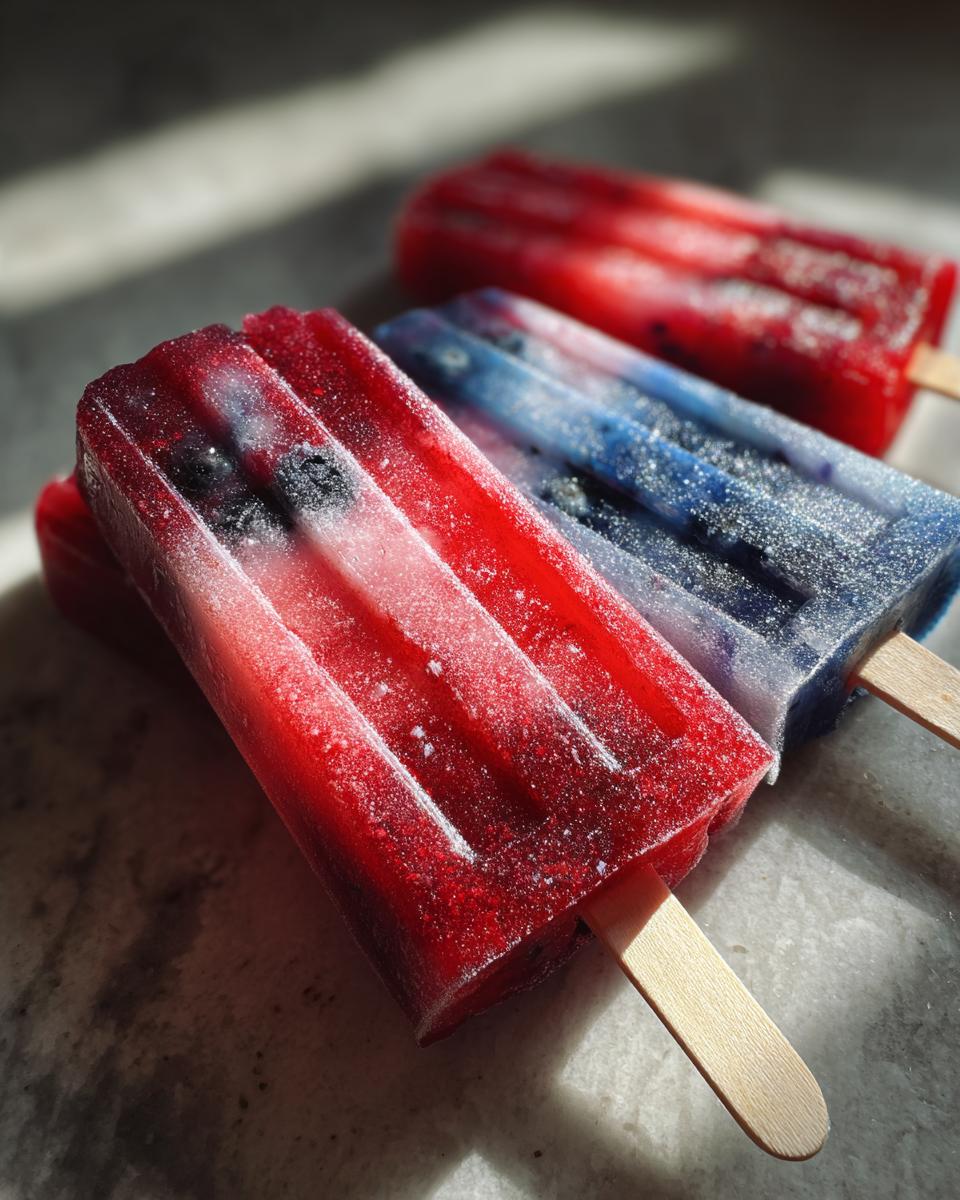 Three red, white, and blue berry popsicles arranged diagonally, perfect for Fourth of July Desserts.