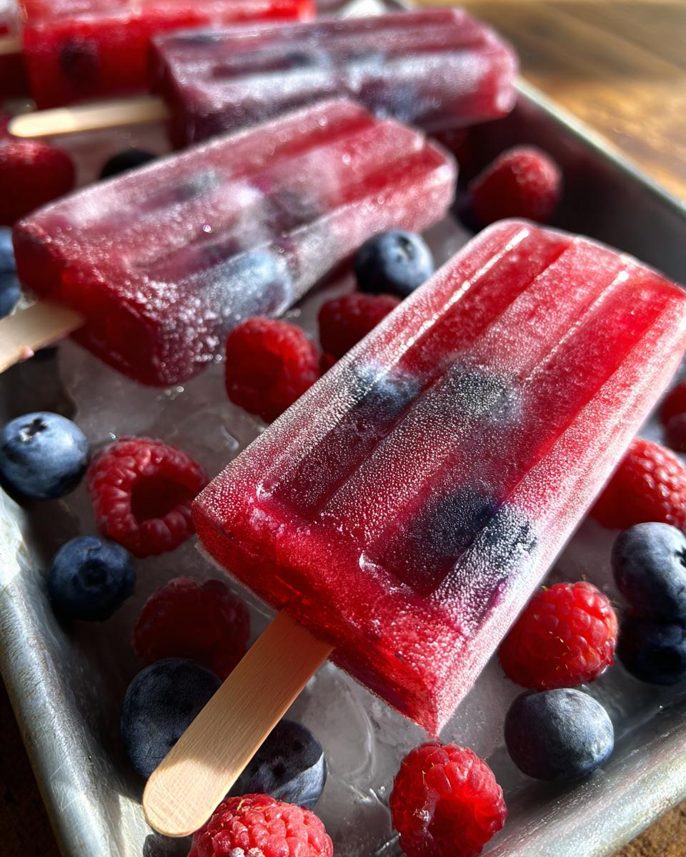 Close-up of bright red berry popsicles with blueberries and raspberries scattered around on ice.