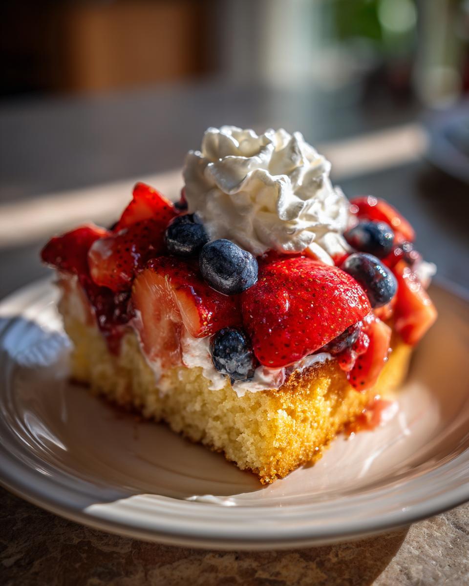 A slice of pound cake topped with whipped cream, strawberries, and blueberries, perfect for Fourth of July Desserts.