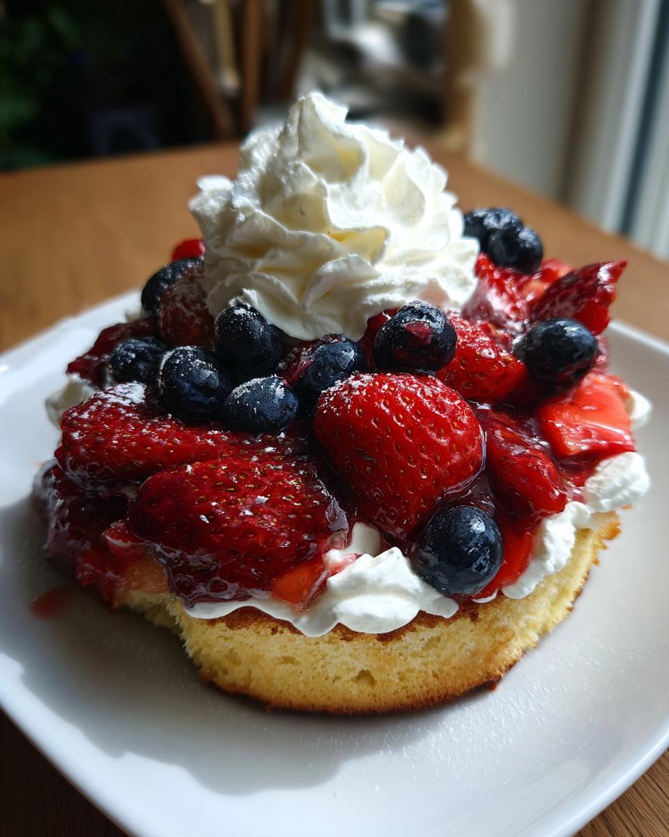 A slice of pound cake topped with fresh strawberries, blueberries, and whipped cream, perfect for Fourth of July desserts.