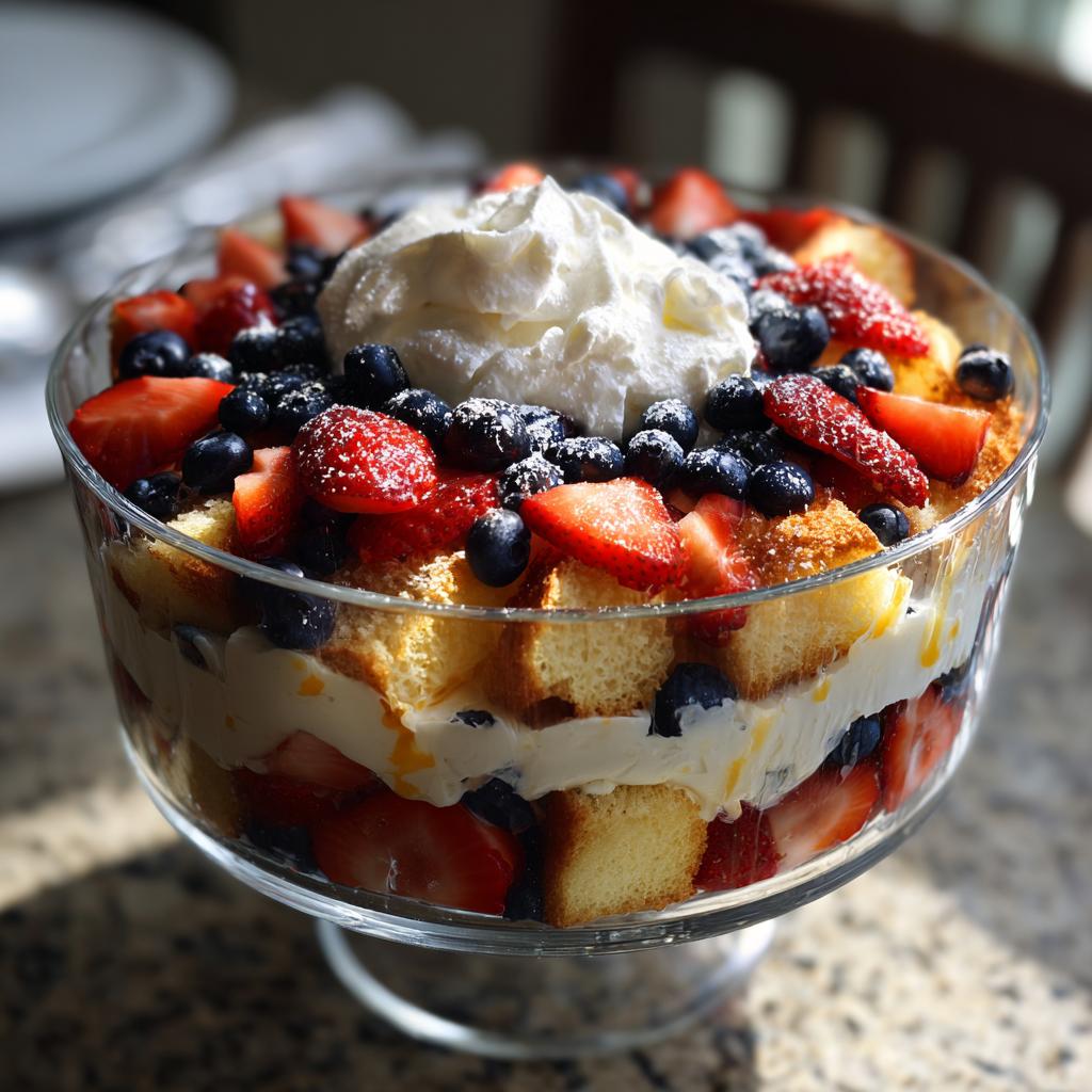 A festive Fourth of July dessert: a clear glass trifle bowl filled with patriotic layers of cake, cream, strawberries, and blueberries, topped with whipped cream.