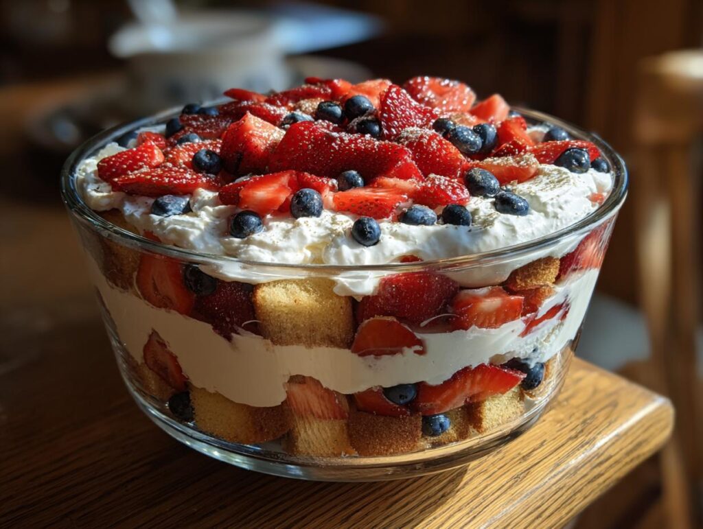 A beautiful Fourth of July dessert: a berry trifle with patriotic layers of cake, cream, strawberries, and blueberries.