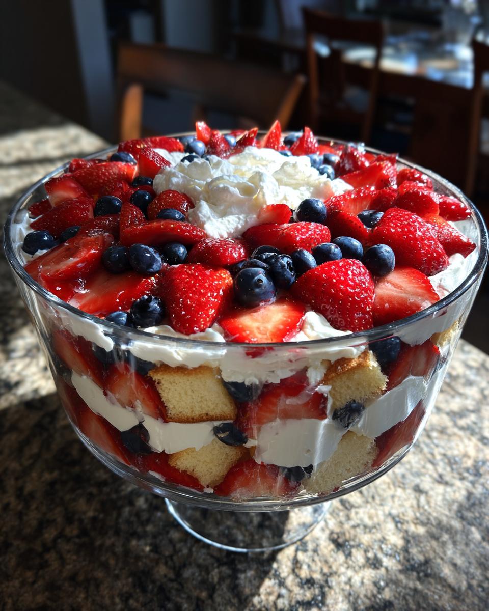 A beautiful Fourth of July dessert featuring a berry trifle with patriotic layers of strawberries, blueberries, cake, and whipped cream.