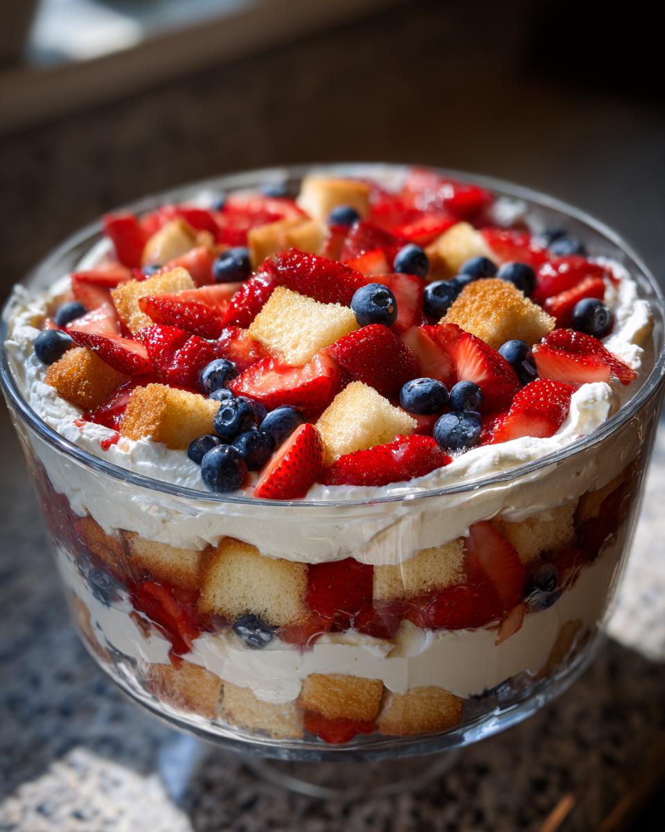 A festive Fourth of July dessert: a berry trifle with layers of cake, cream, strawberries, and blueberries.