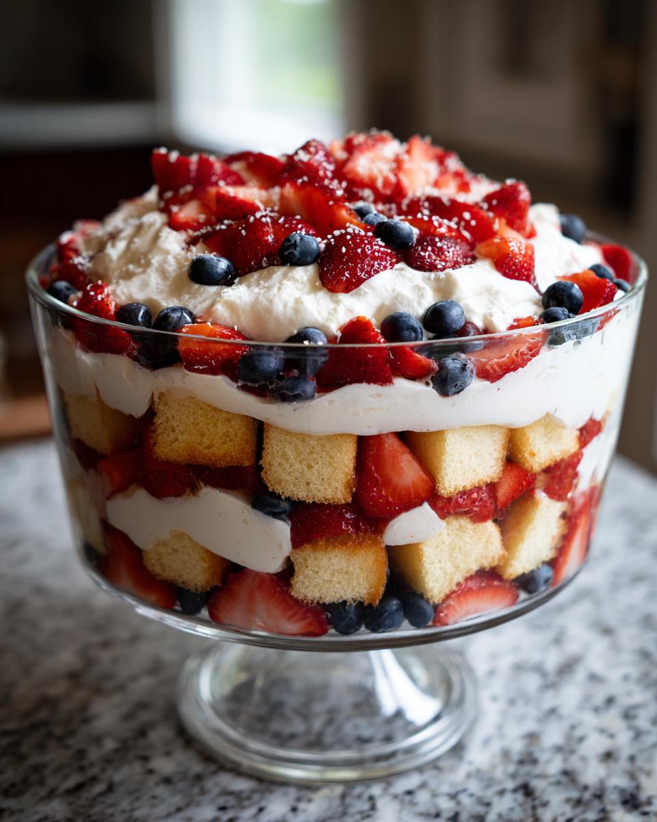 A beautiful Fourth of July dessert: a berry trifle with layers of cake, cream, strawberries, and blueberries in patriotic colors.