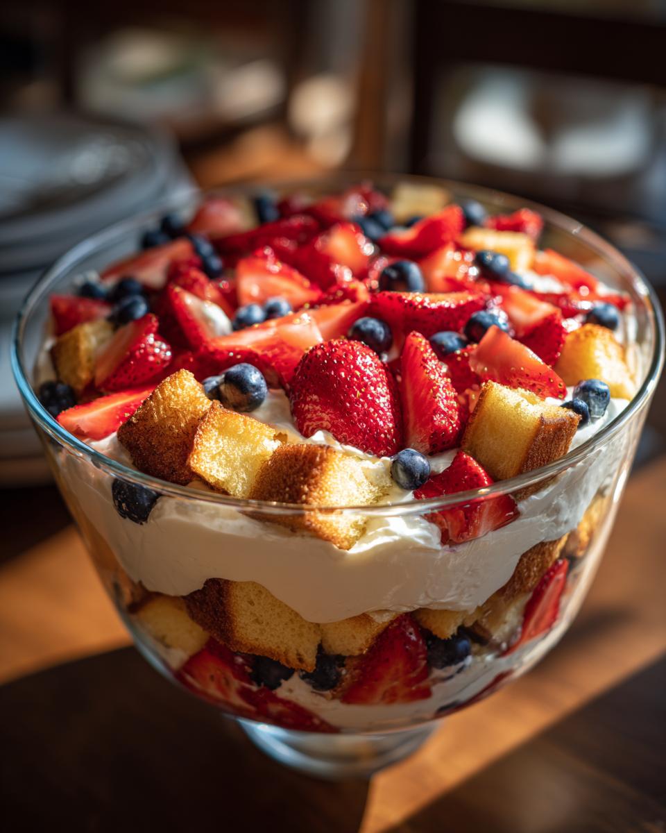 A large glass trifle bowl filled with patriotic layers of strawberries, blueberries, cake, and whipped cream for Fourth of July desserts.
