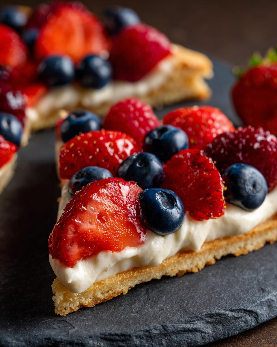 A slice of Fourth of July dessert featuring a cookie crust topped with cream cheese and fresh strawberries and blueberries.