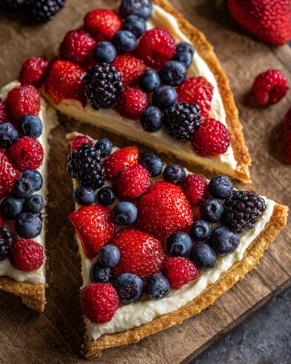 Slices of a festive Flag Fruit Pizza on a cookie crust, topped with cream cheese frosting and fresh red and blue berries.